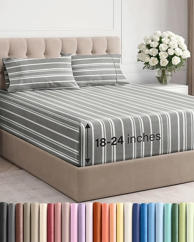 Specialty Extra Deep Twin Sheet Set – 4 Piece Breathable and Cooling Sheets – Hotel Luxury Bedding for Women Men Kids amp Teens – Easy amp Secure Fit – Soft and Wrinkle – Extra Deep Pockets – Grey Stripes Refined