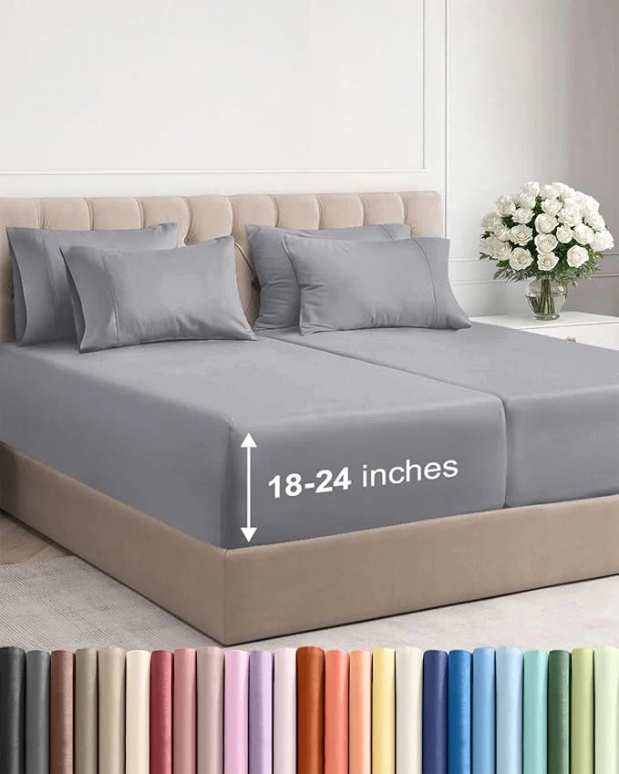 Smooth Extra Deep Split King Sheet Set – 7 Piece Breathable and Cooling Sheets – Hotel Luxury Bedding for Women Men Kids amp Teens – Easy Secure Fit – Soft amp Wrinkle – Extra Deep Pockets – Steel Blue Consistent