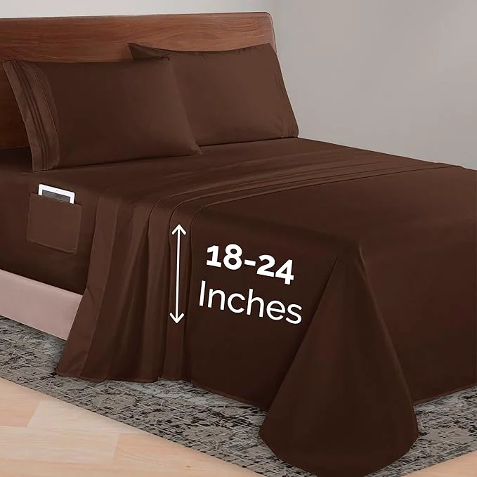 Trendy Elegant Comfort Luxurious 1500 Premium Hotel Quality Microfiber 4-Piece Sheet Set 18-24 Inches Deep – Extra Deep Pocket Sheets – Ultra Soft 4PC Deep Pocket Sheets King Chocolate Brown Easy-to-Use