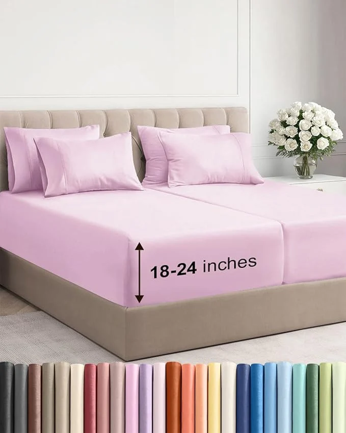 Detailed Extra Deep Split King Sheet Set – 7 Piece Breathable and Cooling Sheets – Hotel Luxury Bedding for Women Men Kids amp Teens – Easy Secure Fit – Soft amp Wrinkle – Extra Deep Pockets – Light Pink Solid