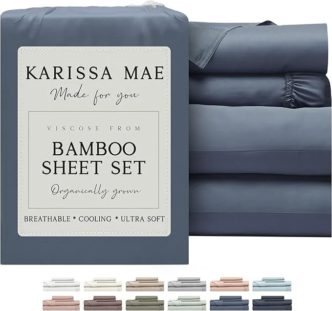 World-Class KARISSA MAE Cooling Bamboo Viscose King Size Sheet Set FSC 18 Deep Pocket Silky Soft amp Hypoallergenic with Organizer Band amp Elastic Corner Straps Slate Blue Verified