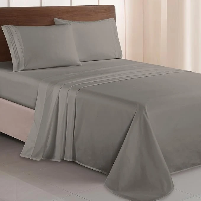 Original Design Elegant Comfort Luxurious 1500 Premium Hotel Quality Microfiber Three Line Embroidered Softest 4-Piece Bed Sheet Set Wrinkle and Fade Resistant King Gray Recyclable
