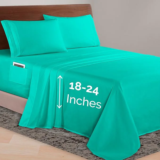 Detailed Elegant Comfort Luxurious 1500 Premium Hotel Quality Microfiber 4-Piece Sheet Set 18-24 Inches Deep – Extra Deep Pocket Sheets – Ultra Soft 4PC Deep Pocket Sheets King Paradise Teal Sophisticated