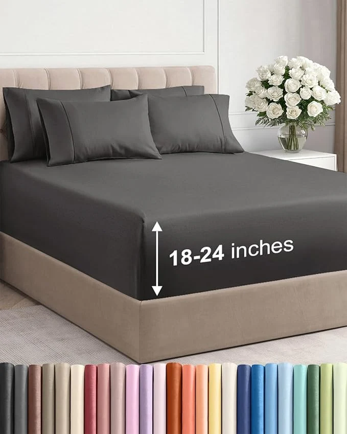 Extra Deep Full Sheet Set – 6 Piece Breathable and Cooling Sheets – Hotel Luxury Bedding for Women Men Kids amp Teens – Easy amp Secure Fit – Soft Wrinkle and Comfy – Extra Deep Pockets – Charcoal Fashionable