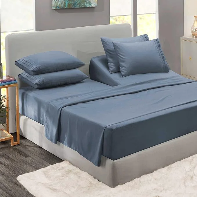 Natural Clara Clark Flex Top King Sheets – Hotel Luxury 6 Piece Bed Sheets for Top Split King Bed – Soft Bedding Sheets amp Pillowcases Head Split King Size. Stone Blue Flexible