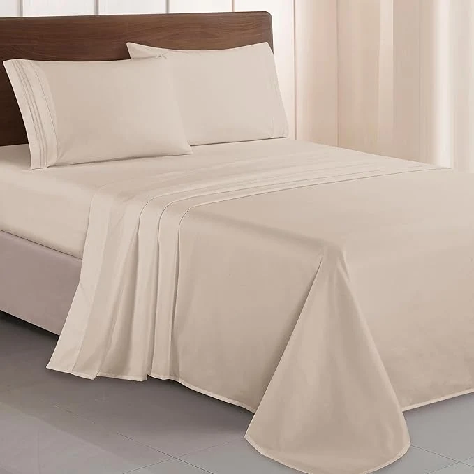 Next-Generation Elegant Comfort Luxurious 1500 Premium Hotel Quality Microfiber Three Line Embroidered Softest 4-Piece Bed Sheet Set Wrinkle and Fade Resistant Twin Twin XL Cream Traditional