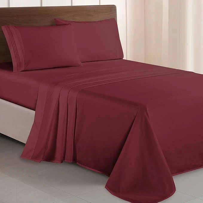 Easy-to-Use Elegant Comfort Luxurious 1500 Premium Hotel Quality Microfiber Three Line Embroidered Softest 4-Piece Bed Sheet Set Wrinkle and Fade Resistant King Burgundy Premium Material
