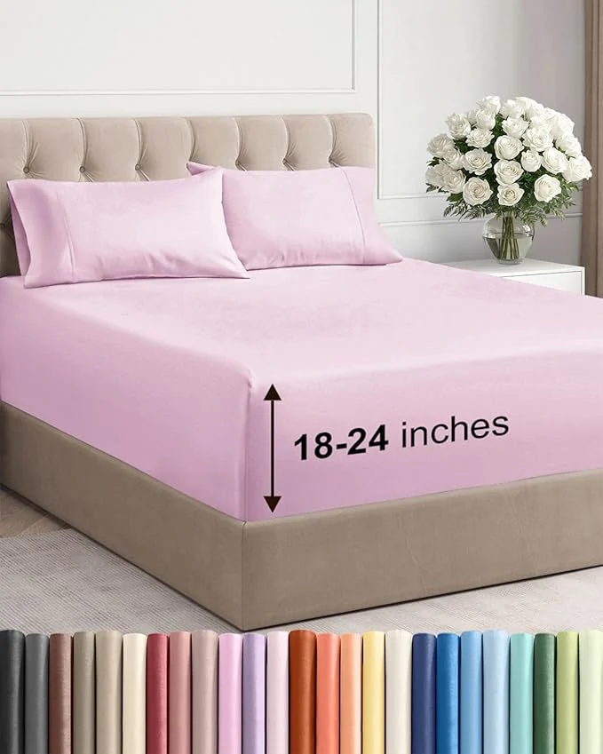 First-Class Extra Deep Twin XL Sheet Set – 4 Piece Breathable and Cooling Sheets – Hotel Luxury Bedding for Women Men Kids amp Teens – Easy amp Secure Fit – Soft and Wrinkle – Extra Deep Pockets – Light Pink Premium