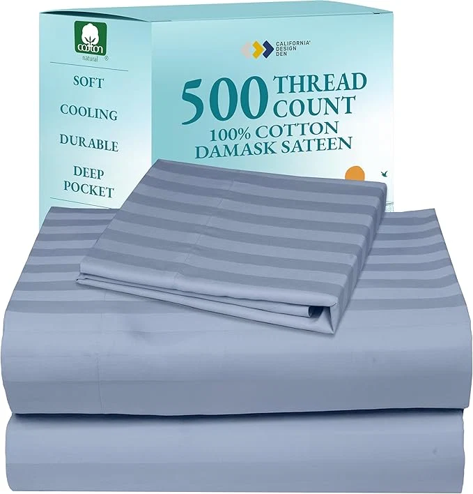 User-Friendly California Design Den – Luxe Bed Sheets Twin XL Soft Cotton Sheets Deep Pockets Elastic 500 Thread Count Sateen Damask Stripe Sheet Set Twin XL Sheets Light Blue – Striped High-Grade