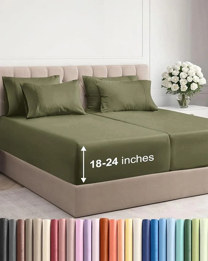 Eco-Friendly Extra Deep Split King Sheet Set – 7 Piece Breathable and Cooling Sheets – Hotel Luxury Bedding for Women Men Kids amp Teens – Easy Secure Fit – Soft amp Wrinkle – Extra Deep Pockets – Sage Green Lightweight
