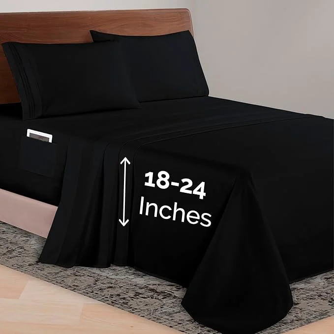 Traditional Elegant Comfort Luxurious 1500 Premium Hotel Quality Microfiber 4-Piece Sheet Set 18-24 Inches Deep – Extra Deep Pocket Sheets – Ultra Soft 4PC Deep Pocket Sheets California King Black Enhanced