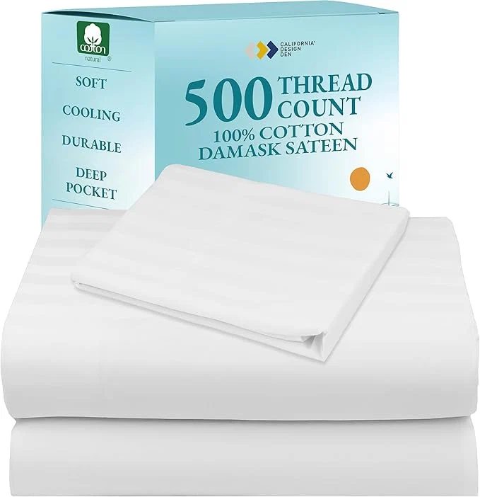 Premium Material California Design Den Twin Size Sheet Set – Cotton 500 Thread Count Sateen Deep Pocket Bed Sheets with Fitted Elastic Sheet Soft Luxury – Striped White Traditional