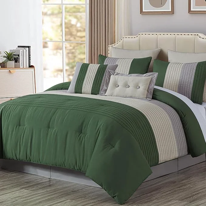 Advanced Chezmoi Collection Loft 8-Piece Full Comforter Set Forest Green Gray Cream Luxury Striped Bedding for All Season Powerful