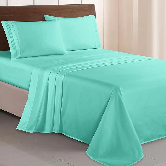 Modern Elegant Comfort Luxurious 1500 Premium Hotel Quality Microfiber Three Line Embroidered Softest 4-Piece Bed Sheet Set Wrinkle and Fade Resistant Full Paradise Teal Easy-to-Use