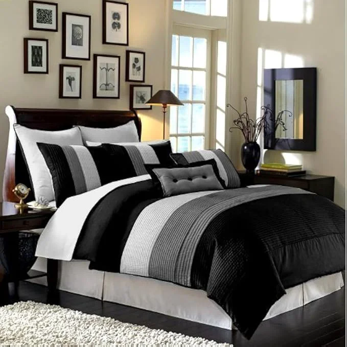 Fine Chezmoi Collection Loft 8-Piece Luxury Striped Comforter Set Queen Black Gray White Classic