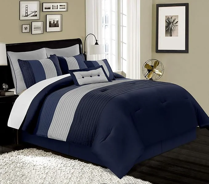 Eco-Friendly Chezmoi Collection Loft 8-Piece Luxury Striped Comforter Set Full Navy Gray Blue High-End