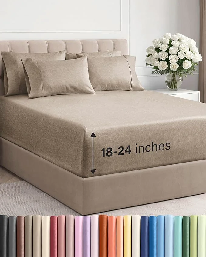 Professional Extra Deep Queen Sheet Set – 6 Piece Breathable and Cooling Sheets – Hotel Luxury Bedding for Women Men Kids amp Teens – Easy Secure Fit – Soft amp Wrinkle – Extra Deep Pockets – Heathered Beige Flexible