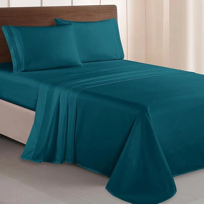 Verified Elegant Comfort Luxurious 1500 Premium Hotel Quality Microfiber Three Line Embroidered Softest 4-Piece Bed Sheet Set Wrinkle and Fade Resistant Queen Marine Teal Efficient