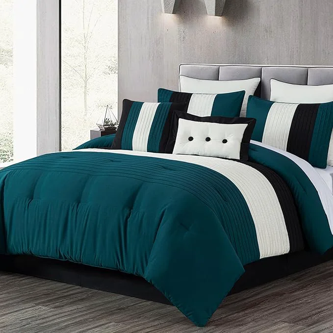 Original Chezmoi Collection Loft 8-Piece King Comforter Set Teal Black White Luxury Striped Bedding for All Season Safe