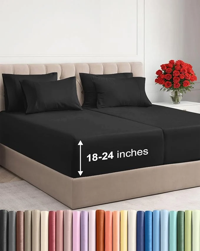 Practical Extra Deep Split King Sheet Set – 7 Piece Breathable and Cooling Sheets – Hotel Luxury Bedding for Women Men Kids amp Teens – Easy Secure Fit – Soft Wrinkle amp Comfy – Extra Deep Pockets – Black Quality