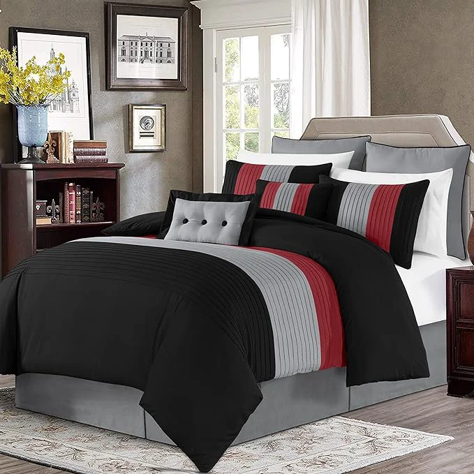 Enhanced Chezmoi Collection Loft 8-Piece Luxury Striped Comforter Set Full Red Black Gray Original Design