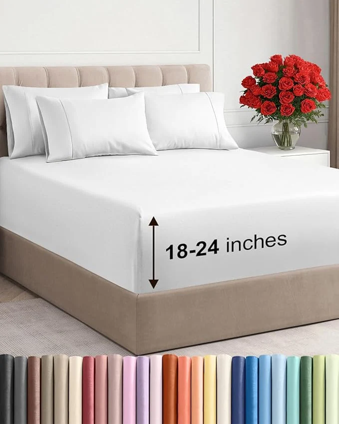 Powerful Extra Deep Full Sheet Set – 6 Piece Breathable and Cooling Sheets – Hotel Luxury Bedding for Women Men Kids amp Teens – Easy amp Secure Fit – Soft Wrinkle and Comfy – Extra Deep Pockets – White Fashionable