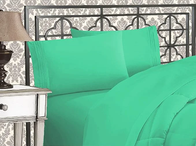 Selected Elegant Comfort Luxurious 1500 Premium Hotel Quality Microfiber Three Line Embroidered Softest 4-Piece Bed Sheet Set Wrinkle and Fade Resistant California King Paradise Teal Superior