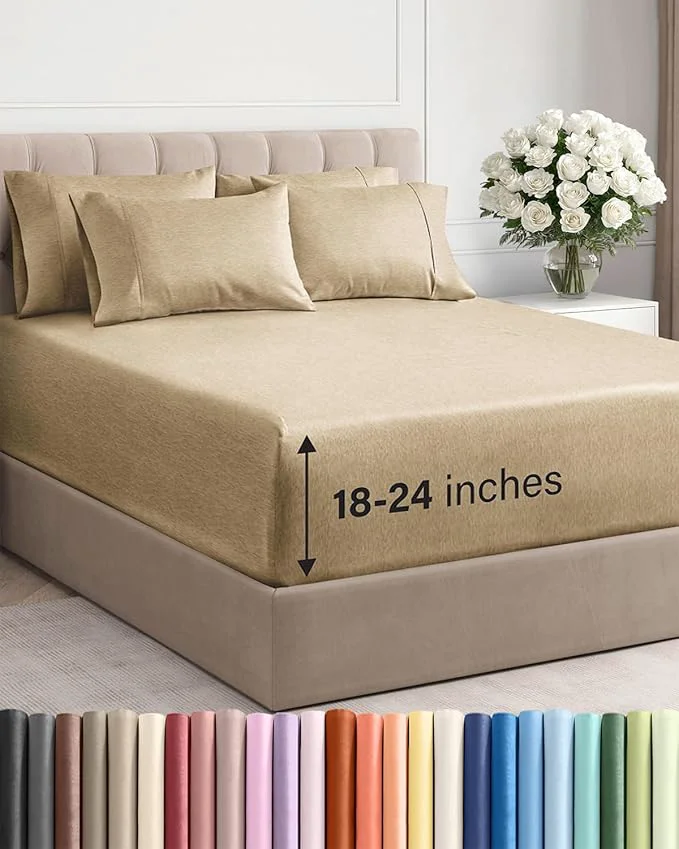 Functional Extra Deep King Sheet Set – 6 Piece Breathable and Cooling Sheets – Hotel Luxury Bedding for Women Men Kids amp Teens – Easy amp Secure Fit – Soft and Wrinkle – Extra Deep Pockets – Heathered Tan Selected