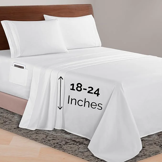 Powerful Elegant Comfort Luxurious 1500 Premium Hotel Quality Microfiber 4-Piece Sheet Set 18-24 Inches Deep – Extra Deep Pocket Sheets – Ultra Soft 4PC Deep Pocket Sheets King White Flexible