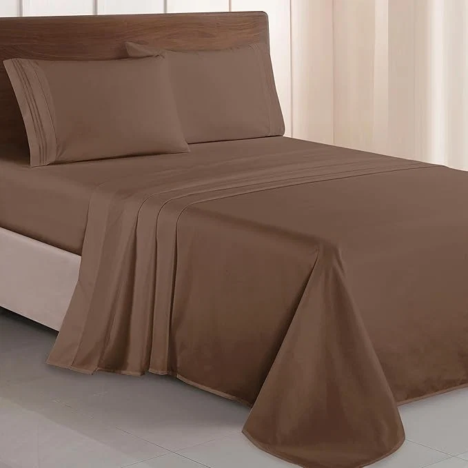 Carefully Designed Elegant Comfort Luxurious 1500 Premium Hotel Quality Microfiber Three Line Embroidered Softest 4-Piece Bed Sheet Set Wrinkle and Fade Resistant King Taupe High-End