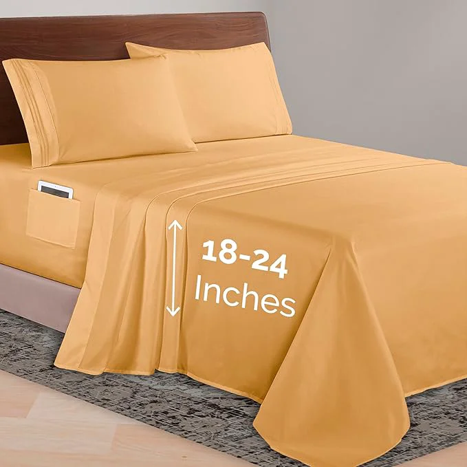 Sophisticated Elegant Comfort Luxurious 1500 Premium Hotel Quality Microfiber 4-Piece Sheet Set 18-24 Inches Deep – Extra Deep Pocket Sheets – Ultra Soft 4PC Deep Pocket Sheets Queen Camel-Gold Genuine