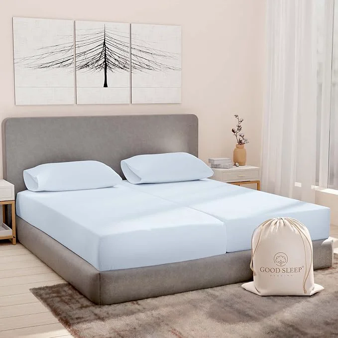 Clean Good Sleep Bedding Split King Sheets Sets for Adjustable Bed Cotton Luxury Sheets Egyptian Cotton 5 Piece Cotton Split King Sheet Set Sateen Weave 2 Fitted – 16 quot Deep Pocket Light Blue Natural