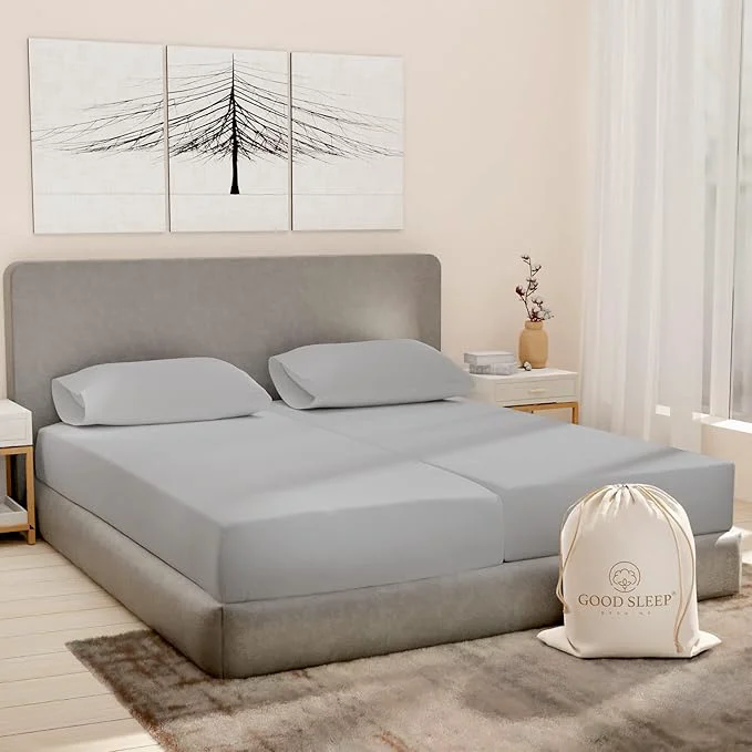 Fine Good Sleep Bedding Split King Sheets Egyptian Cotton Split King Sheets Sets for Adjustable Bed Luxury Sateen Sheets 5 Piece Includes Twin XL Fitted Sheets – 16 quot Deep Pocket Light Gray High-Grade