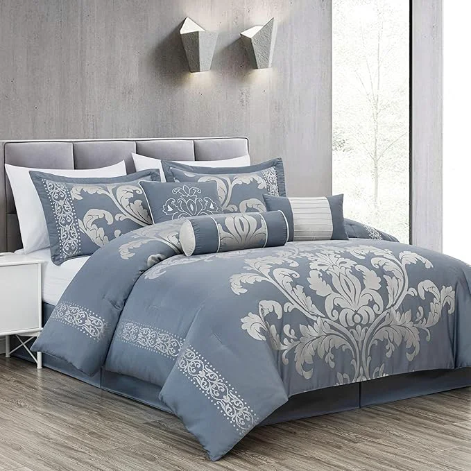 Efficient Chezmoi Collection Royale 7-Piece Jacquard Floral Comforter Set Oversized Queen Grayish Blue Gray Expertly Made