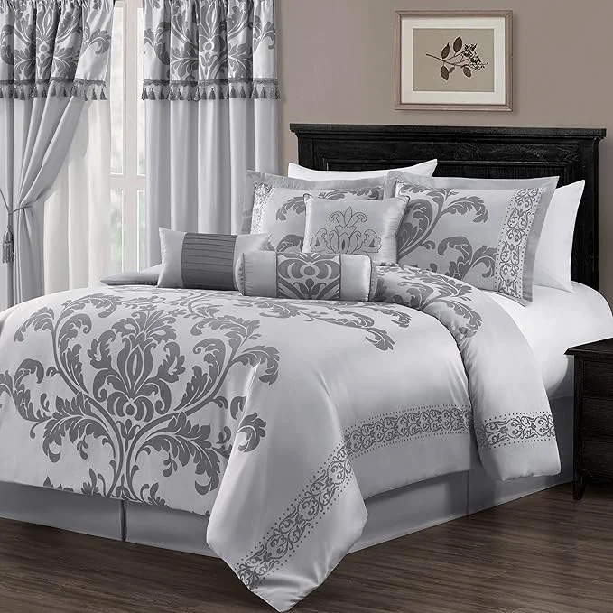 Selected Chezmoi Collection 7-Piece Jacquard Floral Comforter Set Queen Silver Gray Functional