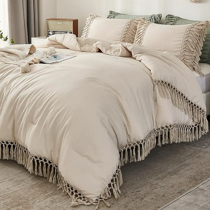 Breathable Andency King Size Comforter Set Beige 3 Pieces Boho Tassel Lightweight Soft Bedding Comforter Sets for King Bed All Season Fluffy Bed Set 104x90In Comforter amp 2 Pillowcases Practical