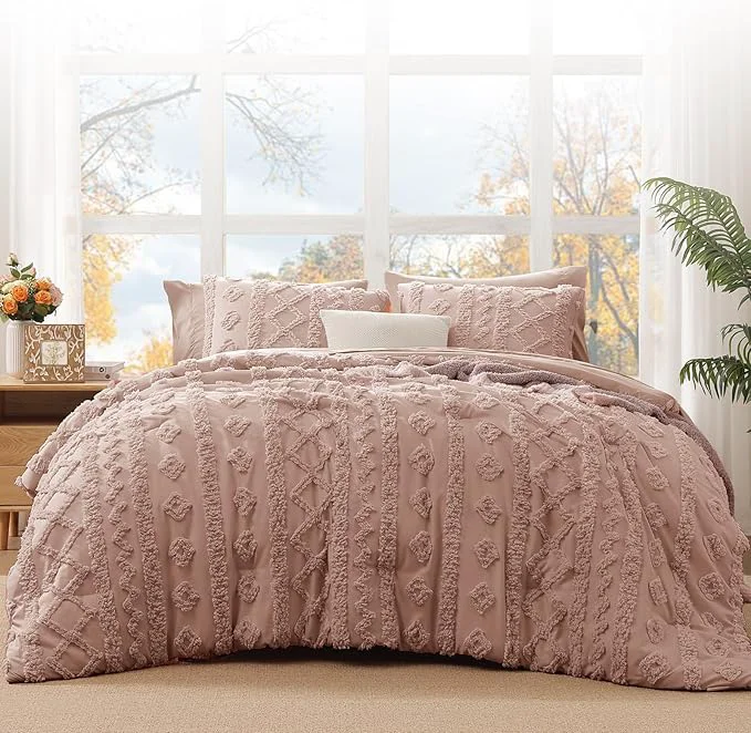 Environmentally Friendly WRENSONGE Twin-XL Size Comforter Set with Sheets – 7 Pieces Rusty Pink Tufted Bed in a Bag Twin-XL Shabby Chic Bedding Sets with 1 Comforter 2 Sheets 2 Pillowcases amp 2 Shams Solid