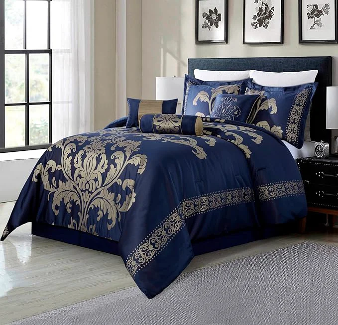 Organic Chezmoi Collection 7-Piece Jacquard Floral Comforter Set Queen Navy Gold Practical