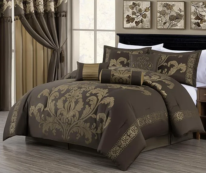 Optimized Chezmoi Collection 7-Piece Jacquard Floral Comforter Set King Coffee Gold Expertly Made