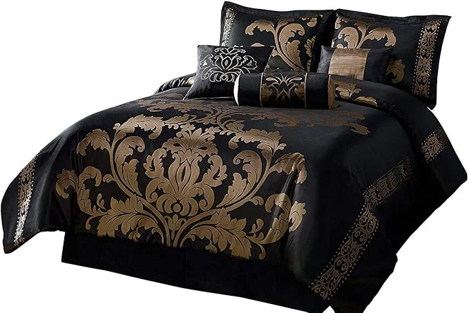Smart Chezmoi Collection 7-Piece Jacquard Floral Comforter Set California King Black Gold Certified