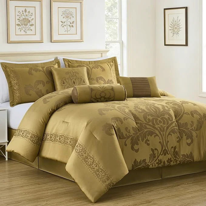 Consistent Chezmoi Collection 7-Piece Jacquard Floral Comforter Set Queen Gold High-Quality