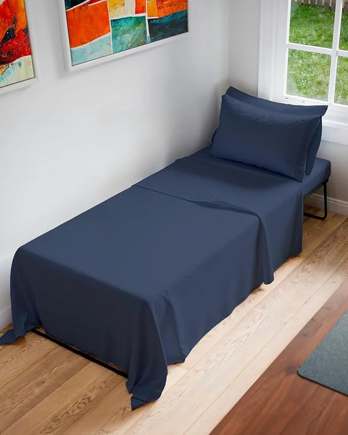 Soft Cot Sheet Set 33 x 75 – 4 Piece Cot Size Twin Mattress Sheets – I for Camper Bunk R Bunks Day Care Camping amp Guest Beds – Fits 6 to 10 Mattress – Comdy Breathable amp Cooling – Navy Blue Contemporary