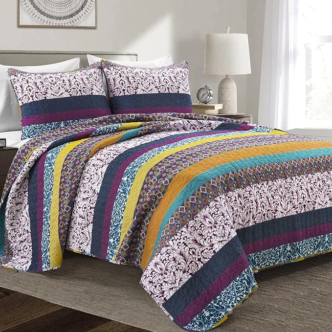 Long-Lasting Lush Decor Boho Stripe Reversible Cotton Quilt 3-Piece Set Full Queen Plum amp Yellow – Bold Colorful Bohemian Bedding Set Fashionable