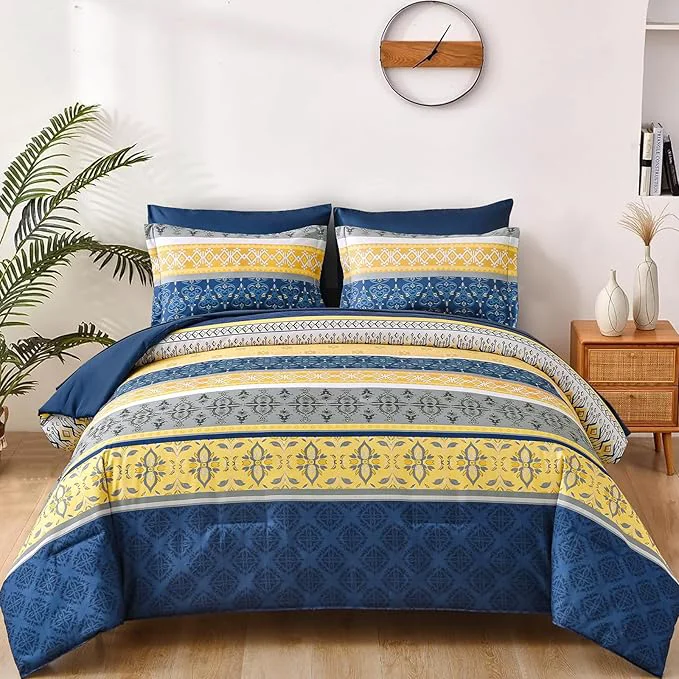 Long-Lasting WONGS BEDDING Boho Comforter Set King 7 Pieces Navy Blue and Yellow Comforter Set Bohemian Bed in A Bag Striped Paisley Floral Comforter and Sheet Set Soft Microfiber Bedding Set for All Season Exceptional