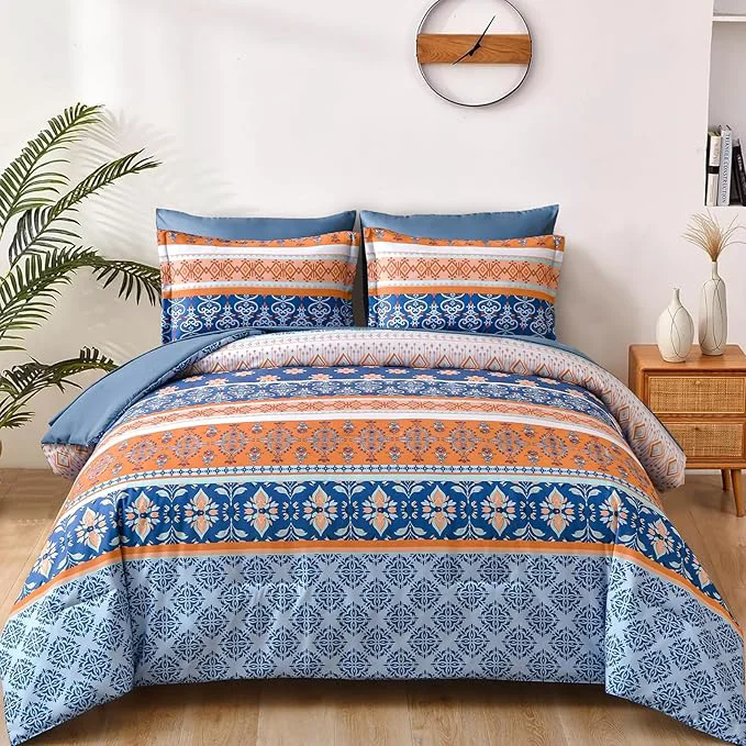Green WONGS BEDDING Boho Comforter Set Queen Blue and Orange Bedding Set 7 Pieces Bed in a Bag Bohemian Striped Bedding Comforter Sets Soft Microfiber Comfortet and Sheet Set for All Season First-Class