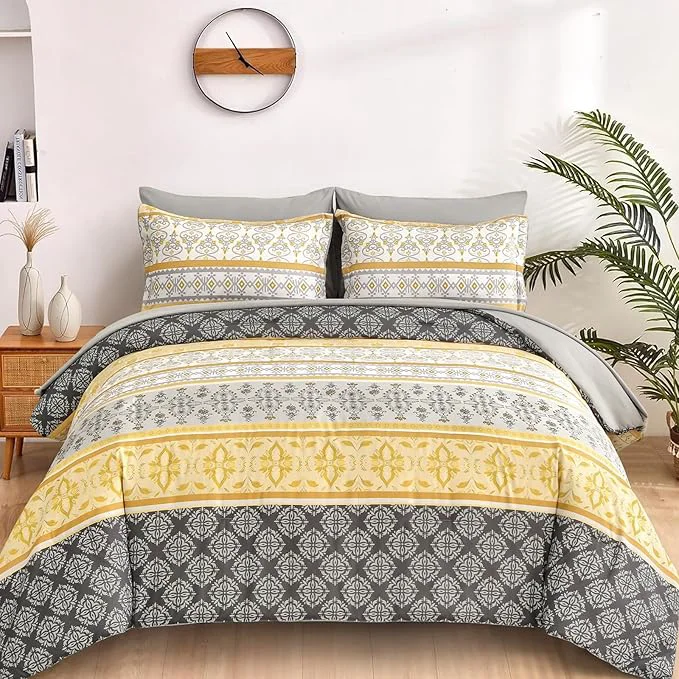 Pure WONGS BEDDING Boho Comforter Set King Size 7 Pieces Bed in a Bag Bohemian Striped Bedding Set Yellow Paisley Floral Comfortet and Sheet Set Soft Microfiber Bedding Sets for All Season Environmentally Friendly