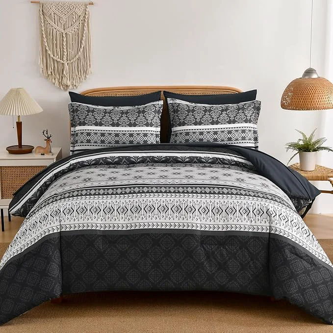 Natural Boho Comforter Set Queen Size 7 Pieces Bohemian Comforter Bedding Set Bed in a Bag Dark Grey Paisley Floral Comfortet and Sheet Set Soft Gray Striped Bedding Sets for All Season Detailed