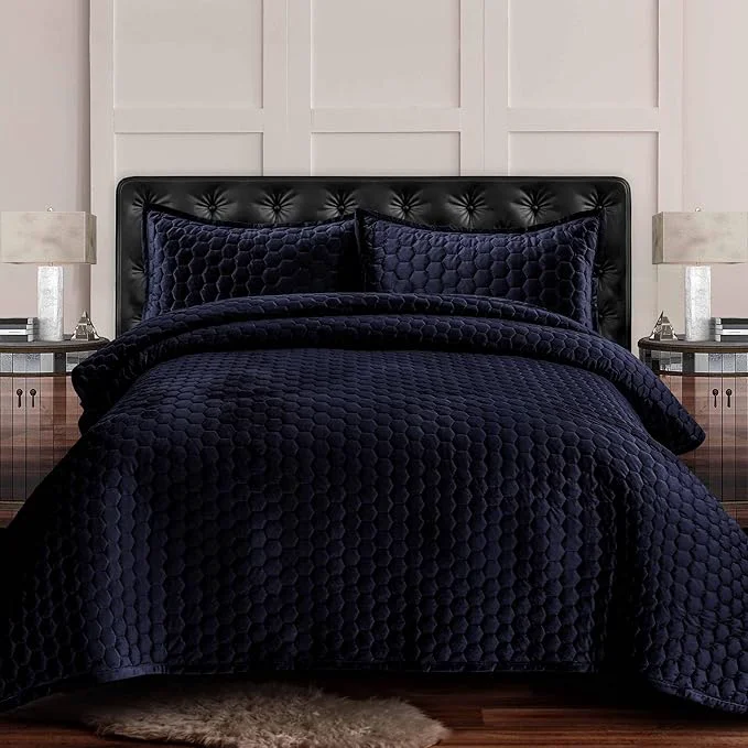 Practical Tribeca Living Lugano Oversized Velvet Quilt Set – All Season Extra Large 3 Piece King Size Comforter Set with 2 Pillow Shams in Indigo Honeycomb Pattern 260GSM Long-Lasting