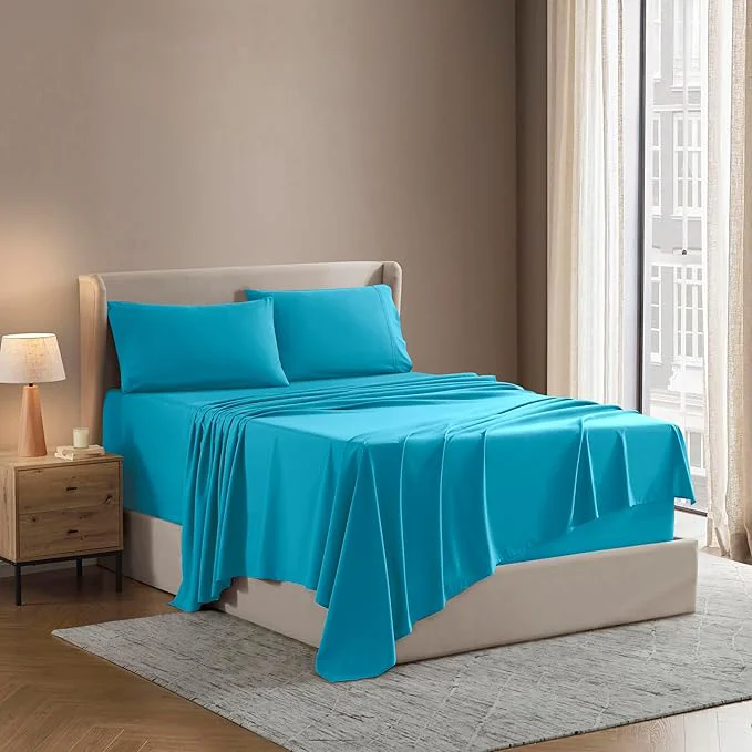 Clean Nestl Short Queen Sheet Set – 1800 Ultra-Soft Microfiber – Double Brushed – Deep Pockets – Easy Fit – 4 Piece Set – Bed Sheets Short Queen Bright Blue Minimalist