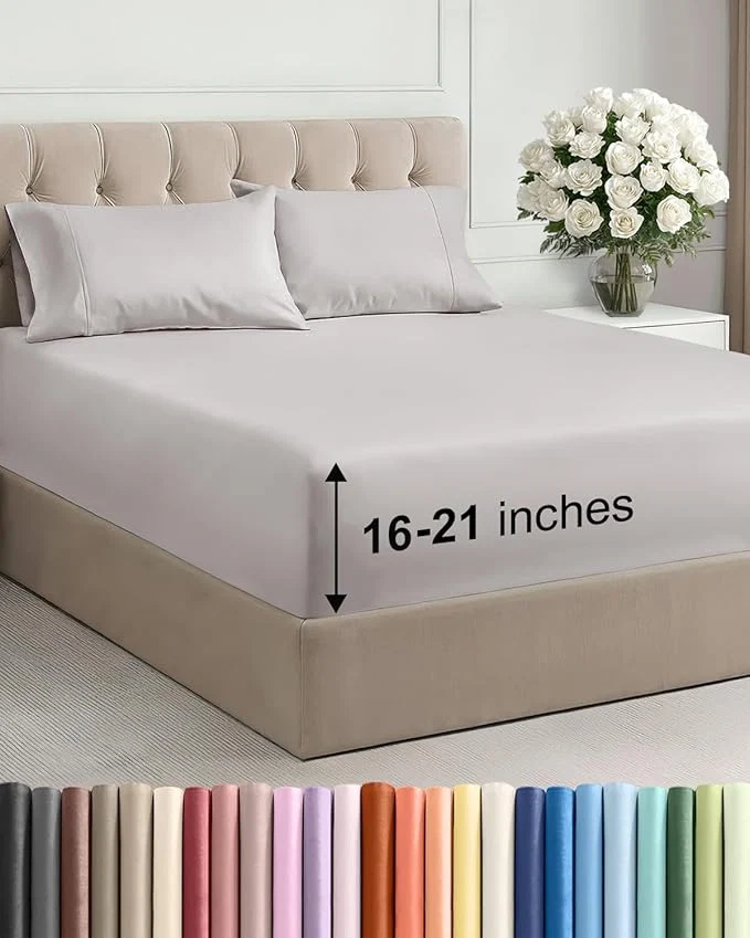 Extra Deep Pocket Cal King Size Sheet Set – 4 Piece Breathable amp Cooling Bed Sheets – Hotel Luxury Bedding w 16 to 21 inch Extra Deep Pockets – Soft Fade amp Wrinkle Resistant – Oeko-Tex – Light Grey Premium